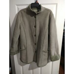 L.L. Bean Woman's L Coat Faux Suede Leather Sage Green Sherpa Button Up